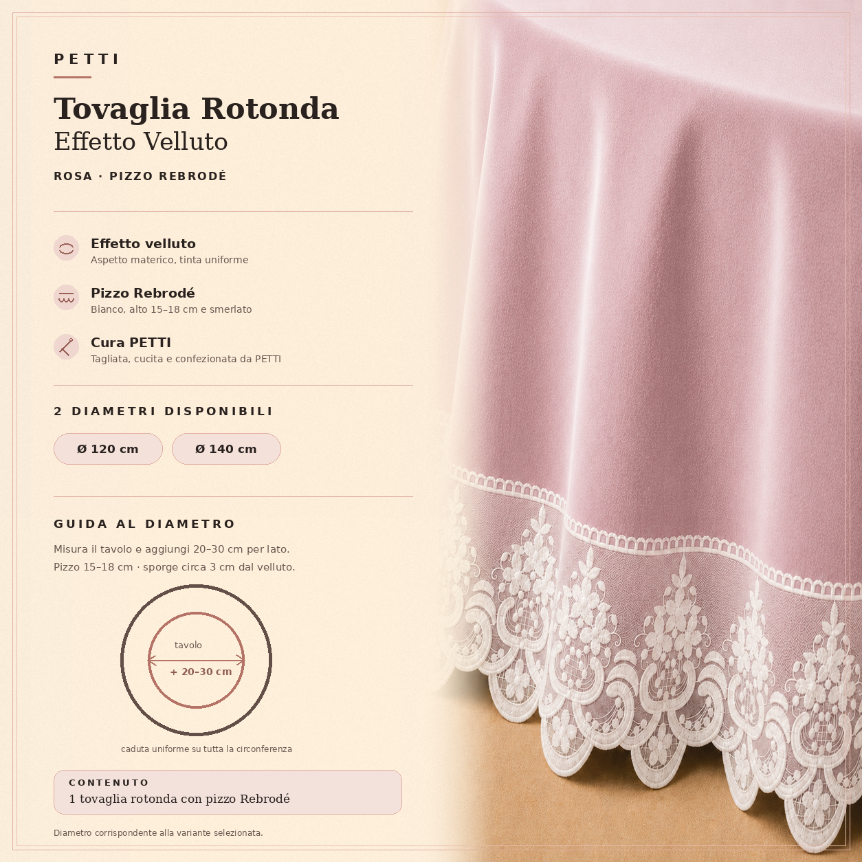 Scheda informativa della tovaglia rotonda Rosa in effetto velluto con pizzo Rebrodé