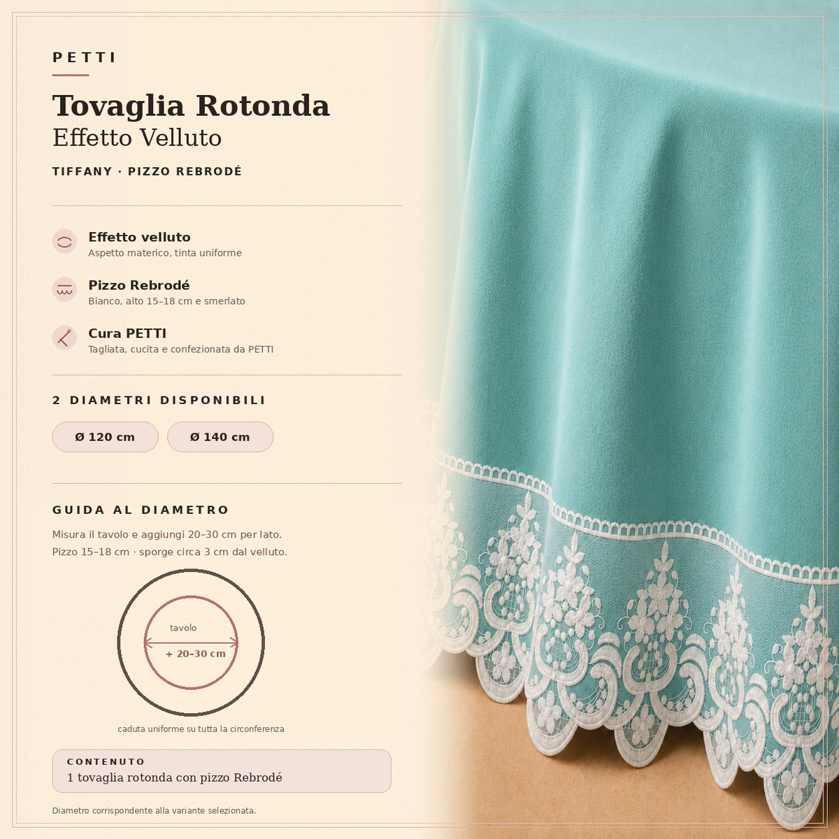 Scheda informativa della tovaglia rotonda Tiffany in effetto velluto con pizzo Rebrodé