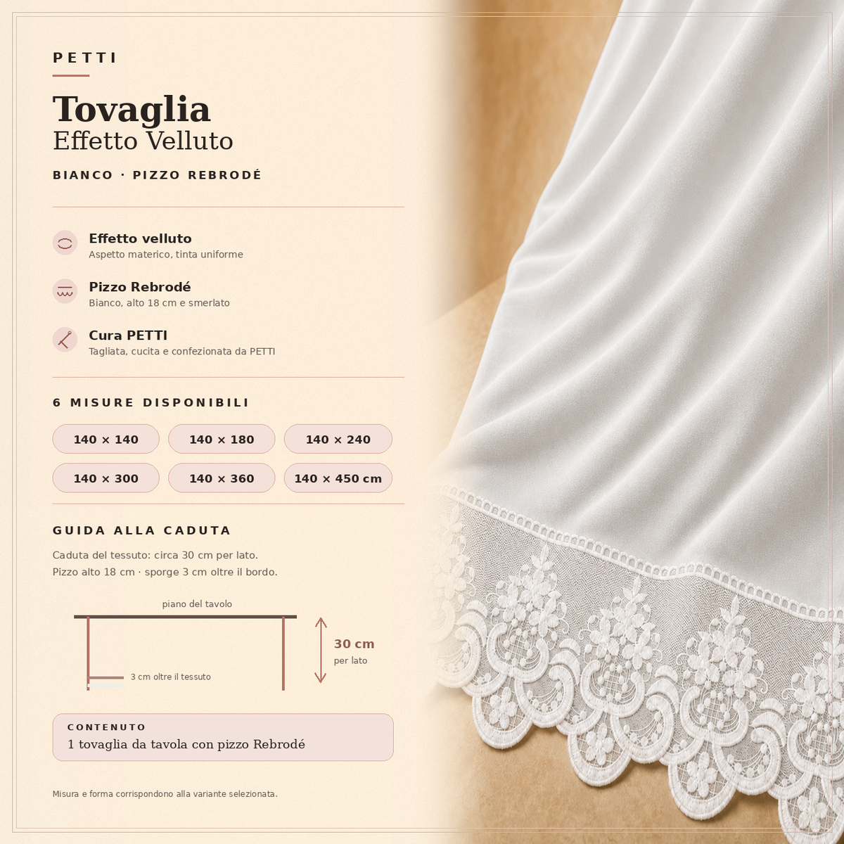 Scheda informativa tovaglia effetto velluto Bianco con pizzo Rebrode