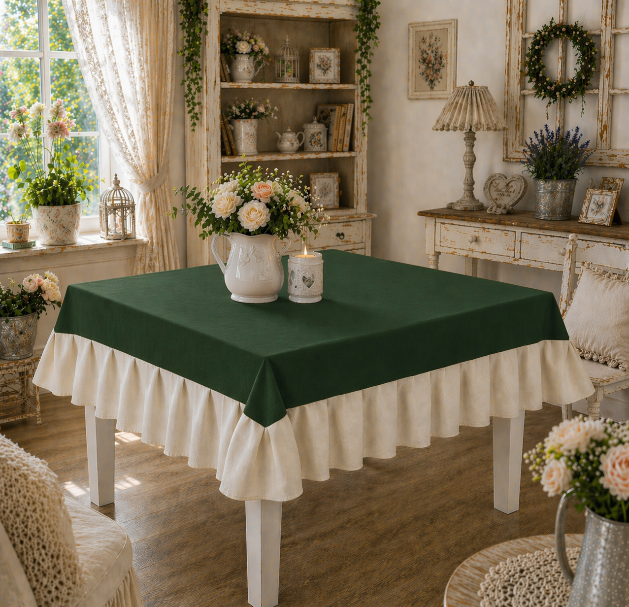 Tovaglia da Tavola Waterproof con Volant Verde Scuro