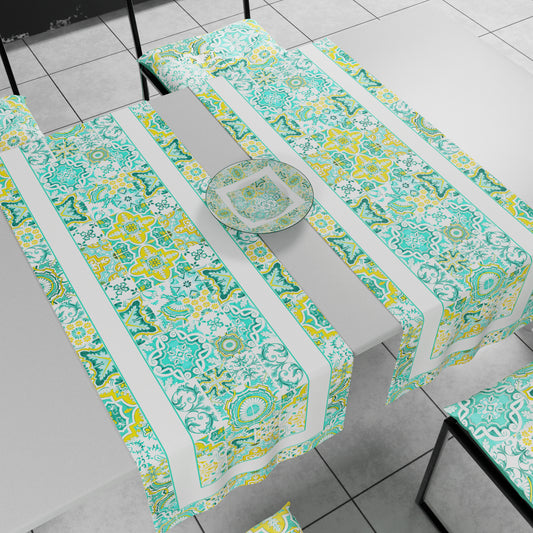 Runner Tavola Geometrico, Tovaglia Runner Geometrico, Runner Cucina Vietri 02 Verde Acqua