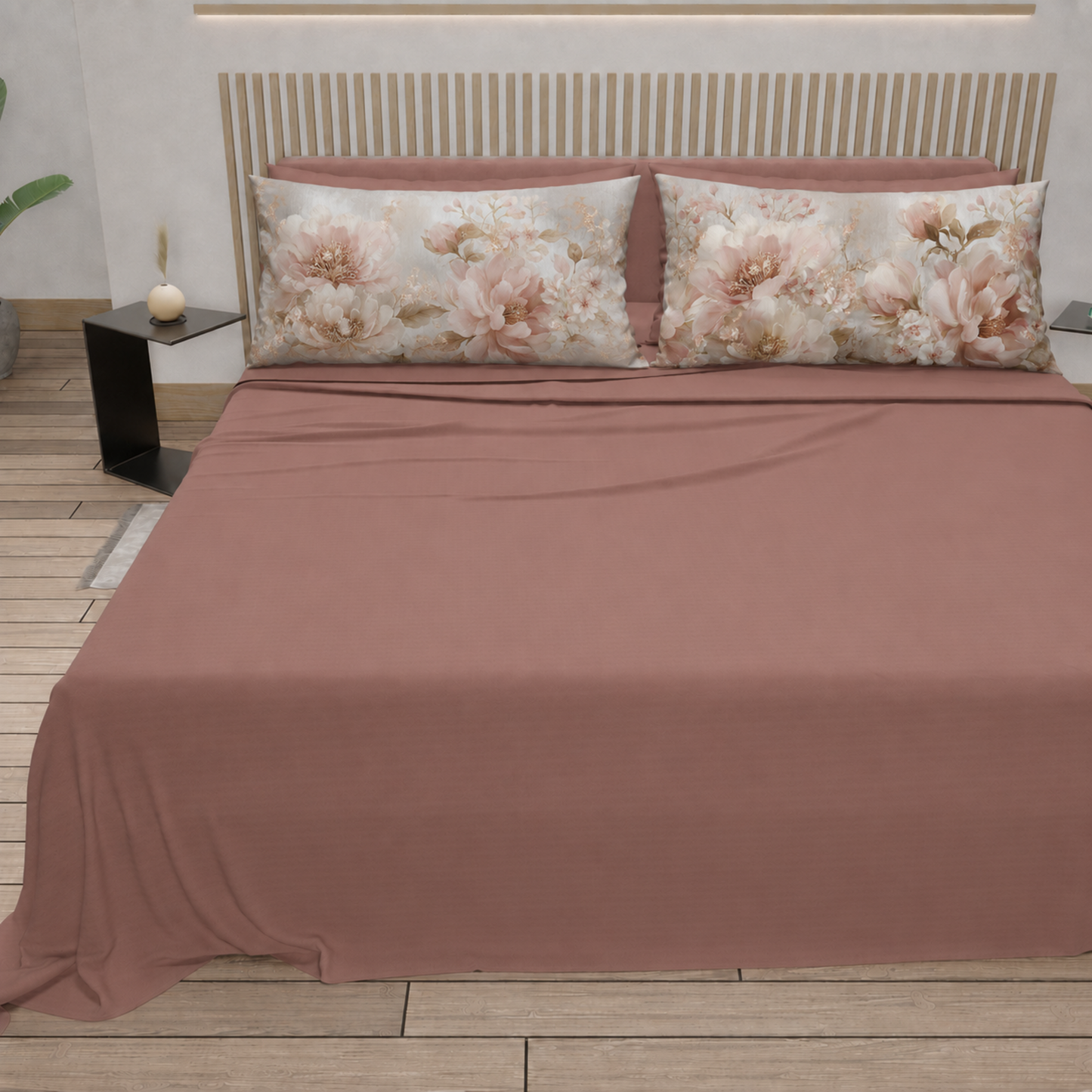 Lenzuola in Cotone, Completo Letto con Federe in Stampa Digitale Petalo 14 Cipria Scuro.