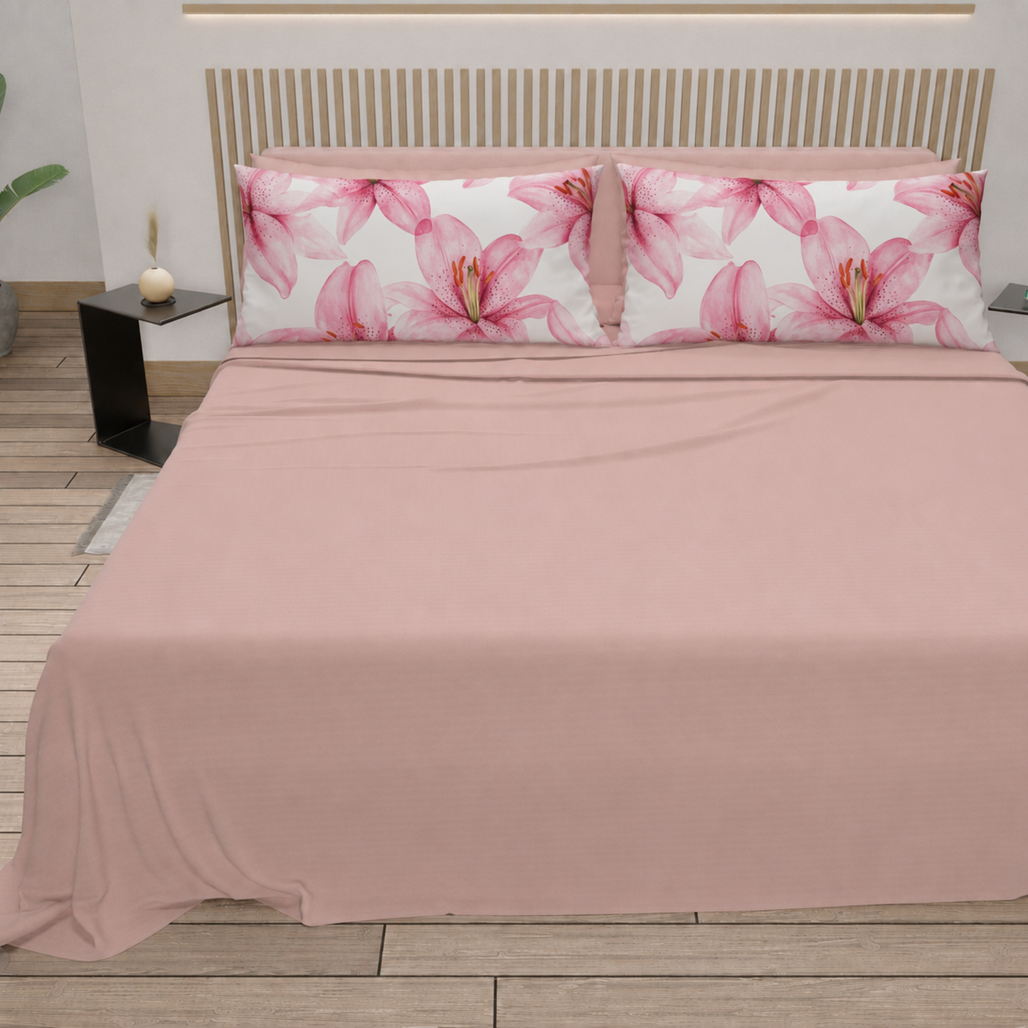 Lenzuola in Cotone, Completo Letto con Federe in Stampa Digitale Petalo 07 Cipria Chiaro.