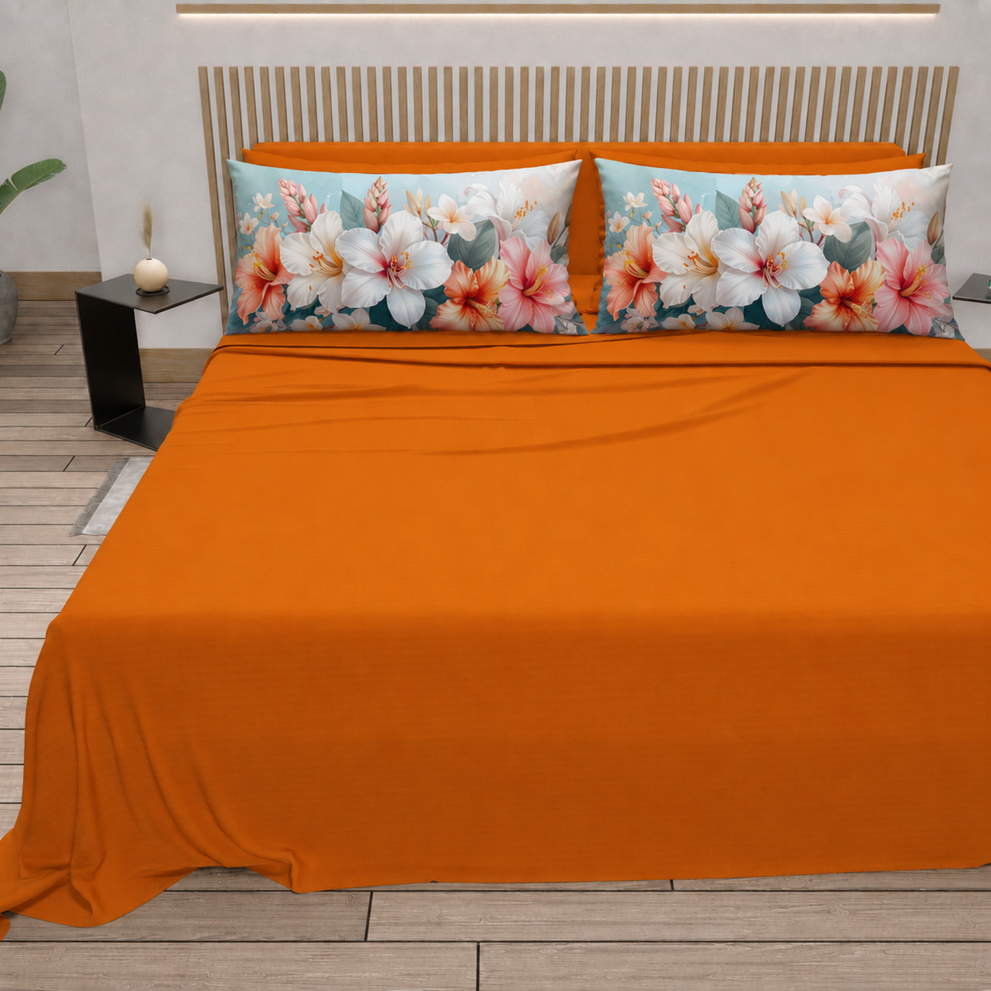 Lenzuola in Cotone, Completo Letto con Federe in Stampa Digitale Petalo 17 Arancione