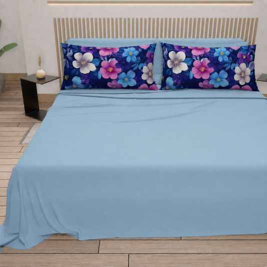 Lenzuola in Cotone, Completo Letto con Federe in Stampa Digitale Petalo 05 Cleleste.