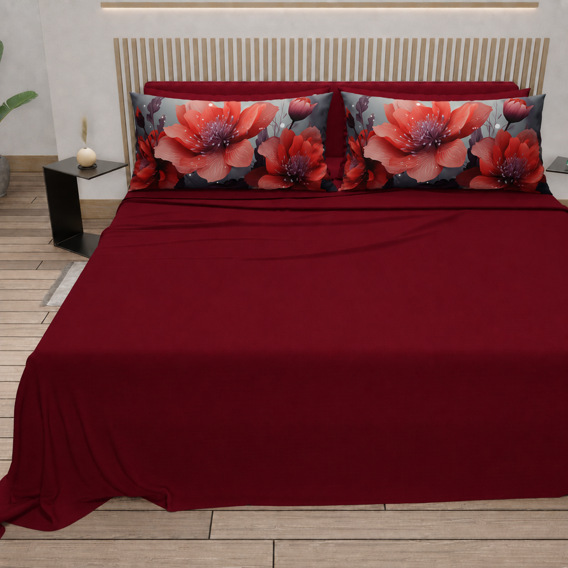Lenzuola in Cotone, Completo Letto con Federe in Stampa Digitale Petalo 19 Bordeaux.