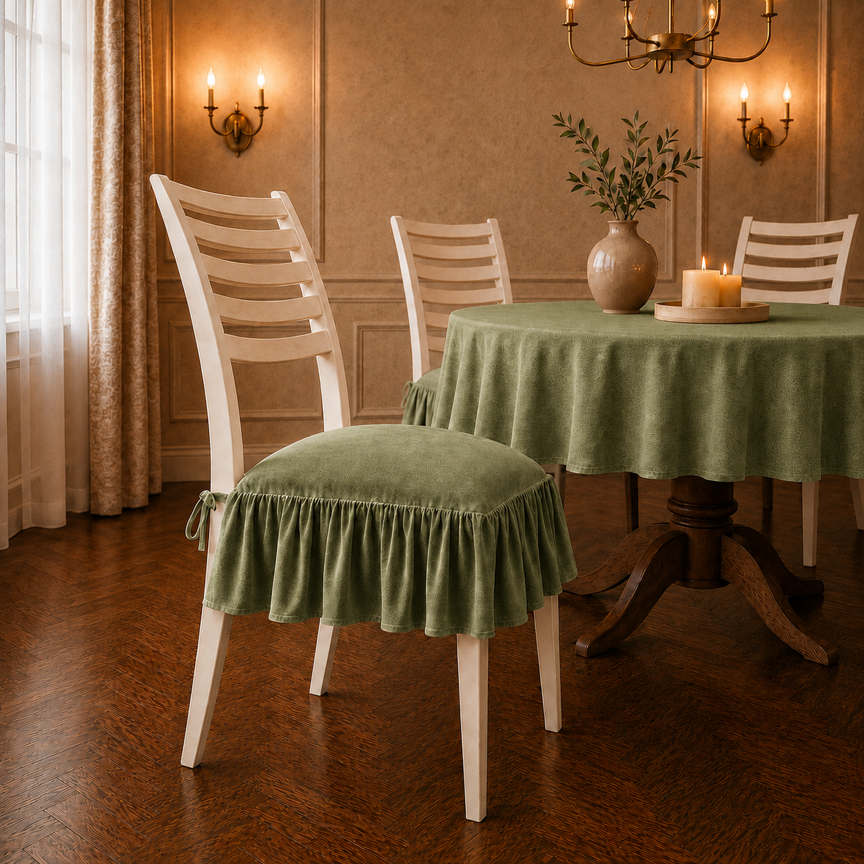 Cuscini per Sedie da Cucina in Effetto Velluto Tinta Unita con Volant Verde Oliva