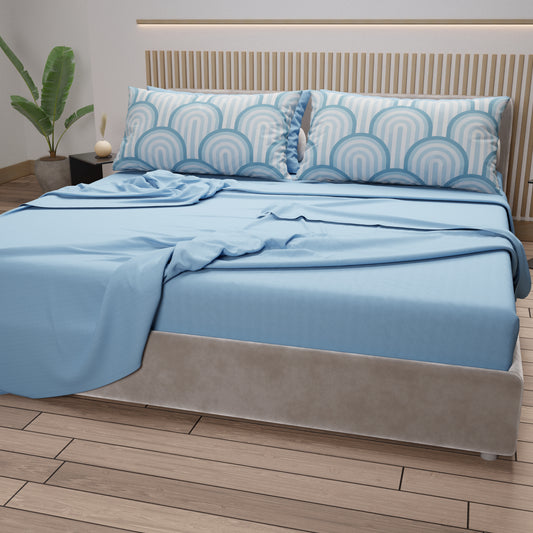Lenzuola in Cotone, Completo Letto con Federe in Stampa Digitale Delta Zucchero Celeste.