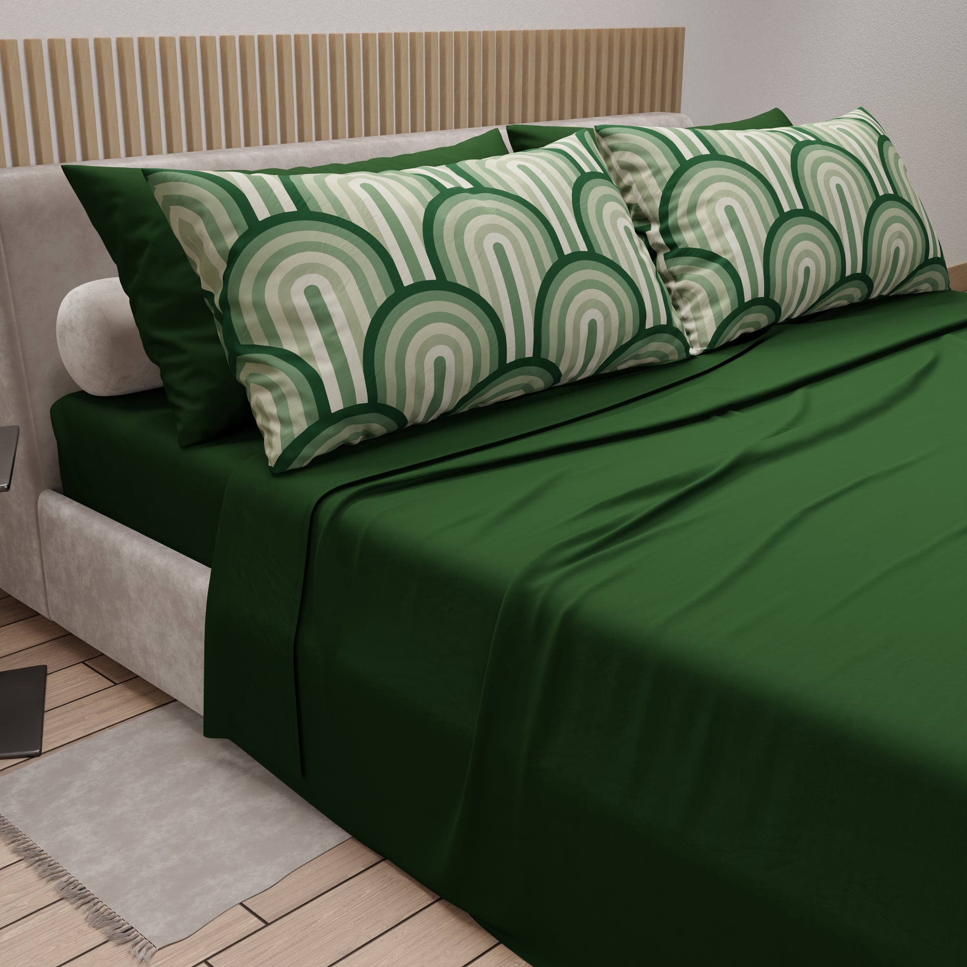Lenzuola in Cotone, Completo Letto con Federe in Stampa Digitale Delta Salvia Verde Scuro.