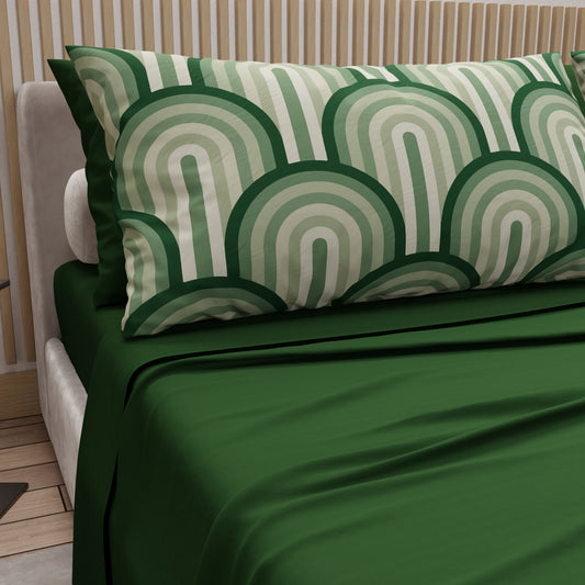 Lenzuola in Cotone, Completo Letto con Federe in Stampa Digitale Delta Salvia Verde Scuro.