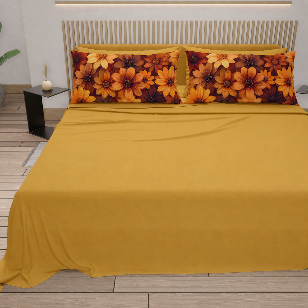 Lenzuola in Cotone, Completo Letto con Federe in Stampa Digitale Autunno 06 Giallo