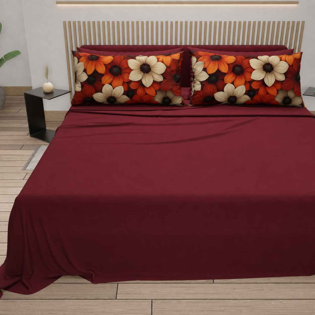 Lenzuola in Cotone, Completo Letto con Federe in Stampa Digitale Autunno 05 Bordeaux