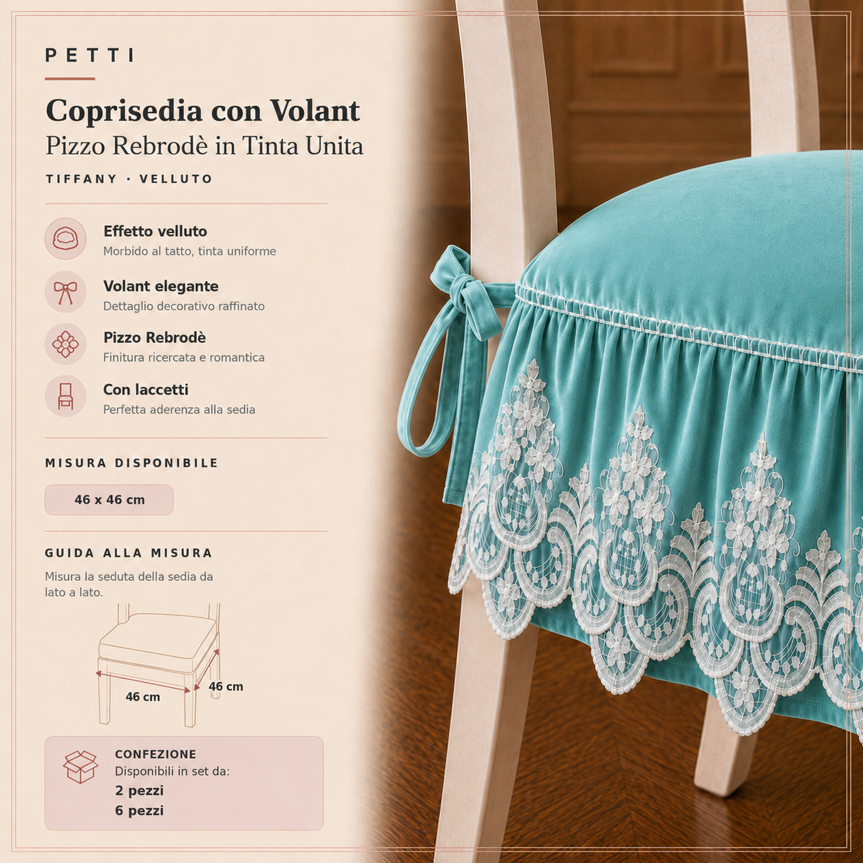 Cuscini per Sedie da Cucina in Effetto Velluto Tinta Unita con Volant e Pizzo Rebrodé Tiffany