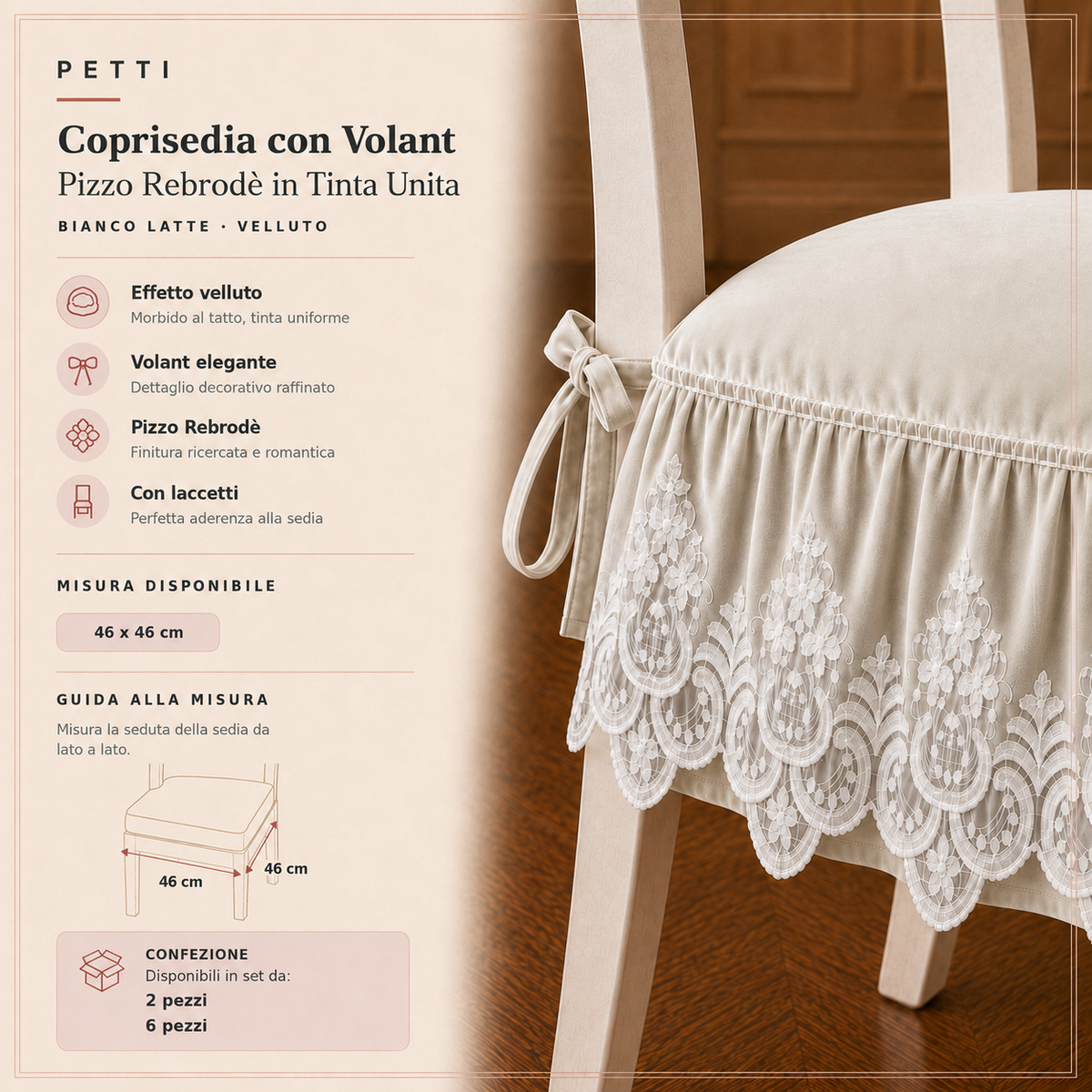 Cuscini per Sedie da Cucina in Effetto Velluto Tinta Unita con Volant e Pizzo Rebrodé Bianco Latte
