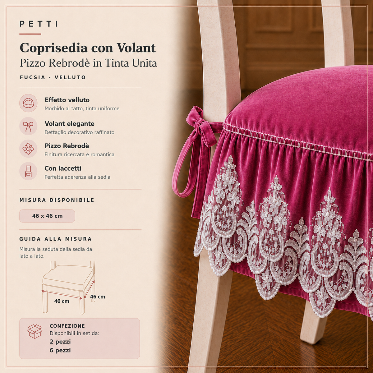 Cuscini per Sedie da Cucina in Effetto Velluto Tinta Unita con Volant e Pizzo Rebrodé Fucsia