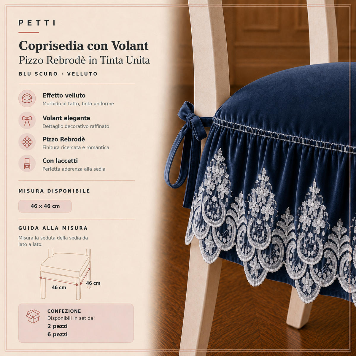 Cuscini per Sedie da Cucina in Effetto Velluto Tinta Unita con Volant e Pizzo Rebrodé Blu Scuro