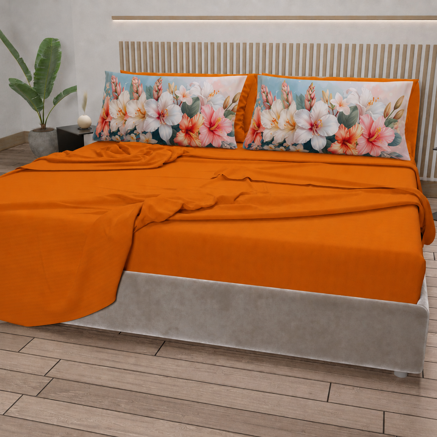Lenzuola in Cotone, Completo Letto con Federe in Stampa Digitale Petalo 17 Arancione