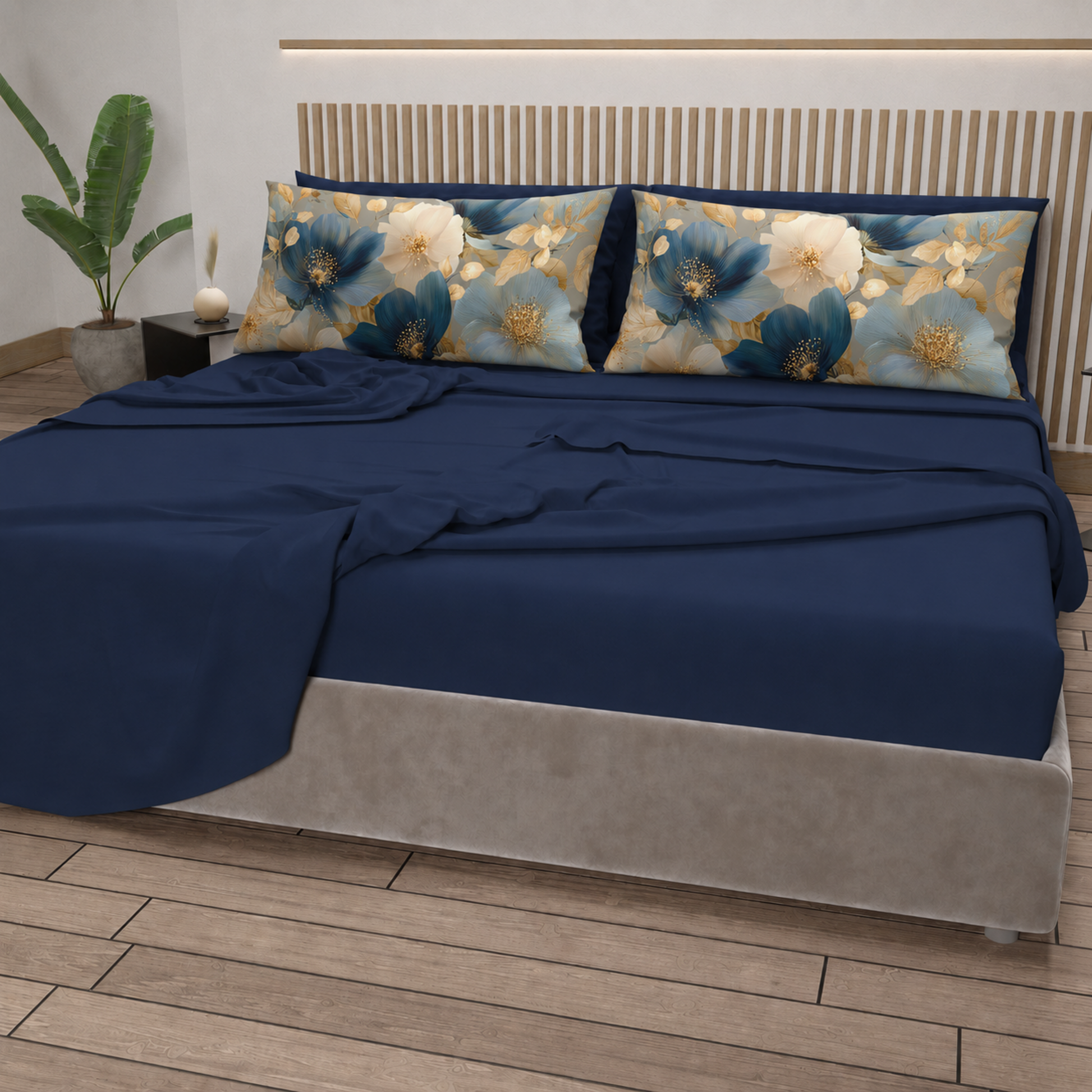 Lenzuola in Cotone, Completo Letto con Federe in Stampa Digitale Petalo 12 Blu Notte.