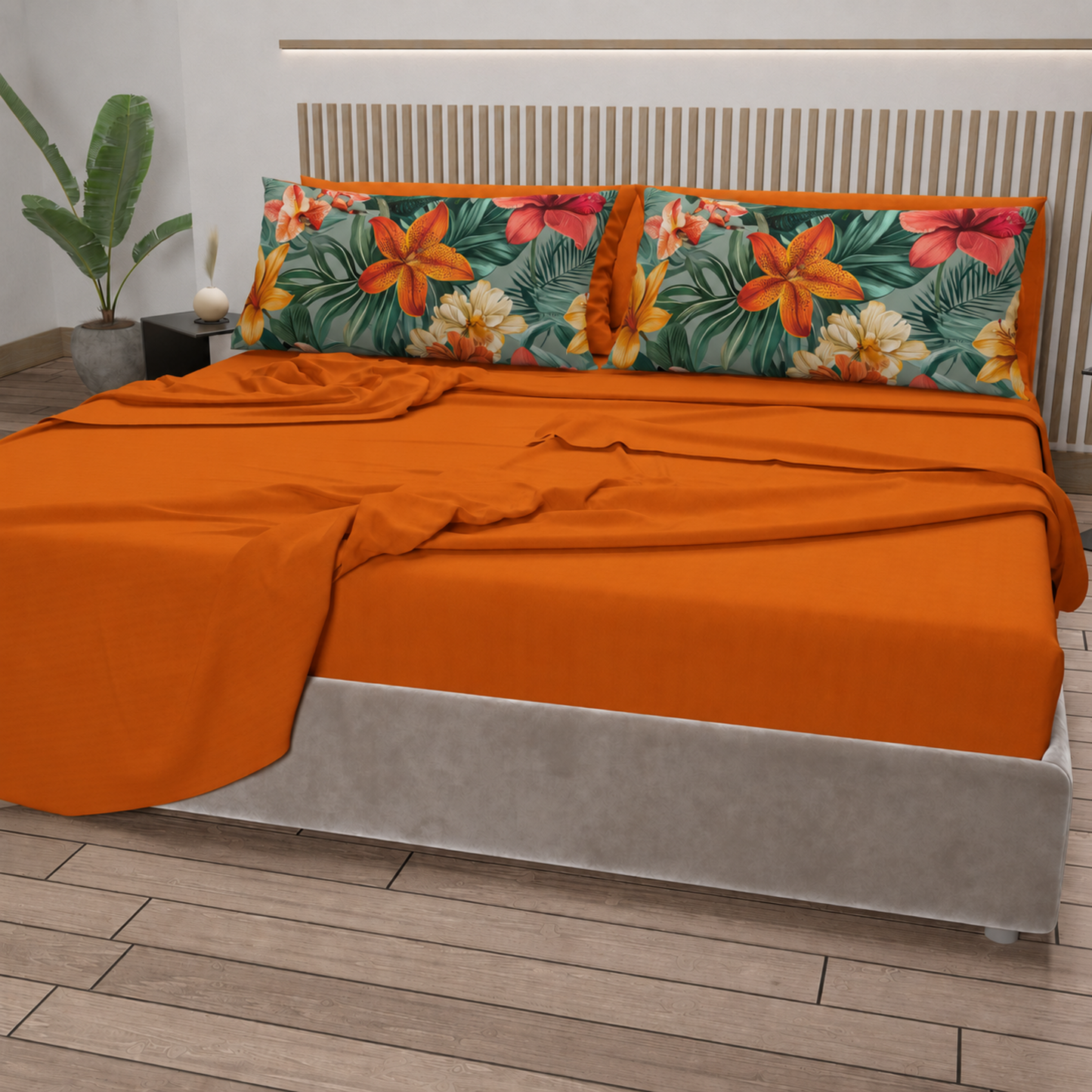 Lenzuola in Cotone, Completo Letto con Federe in Stampa Digitale Petalo 04 Arancione