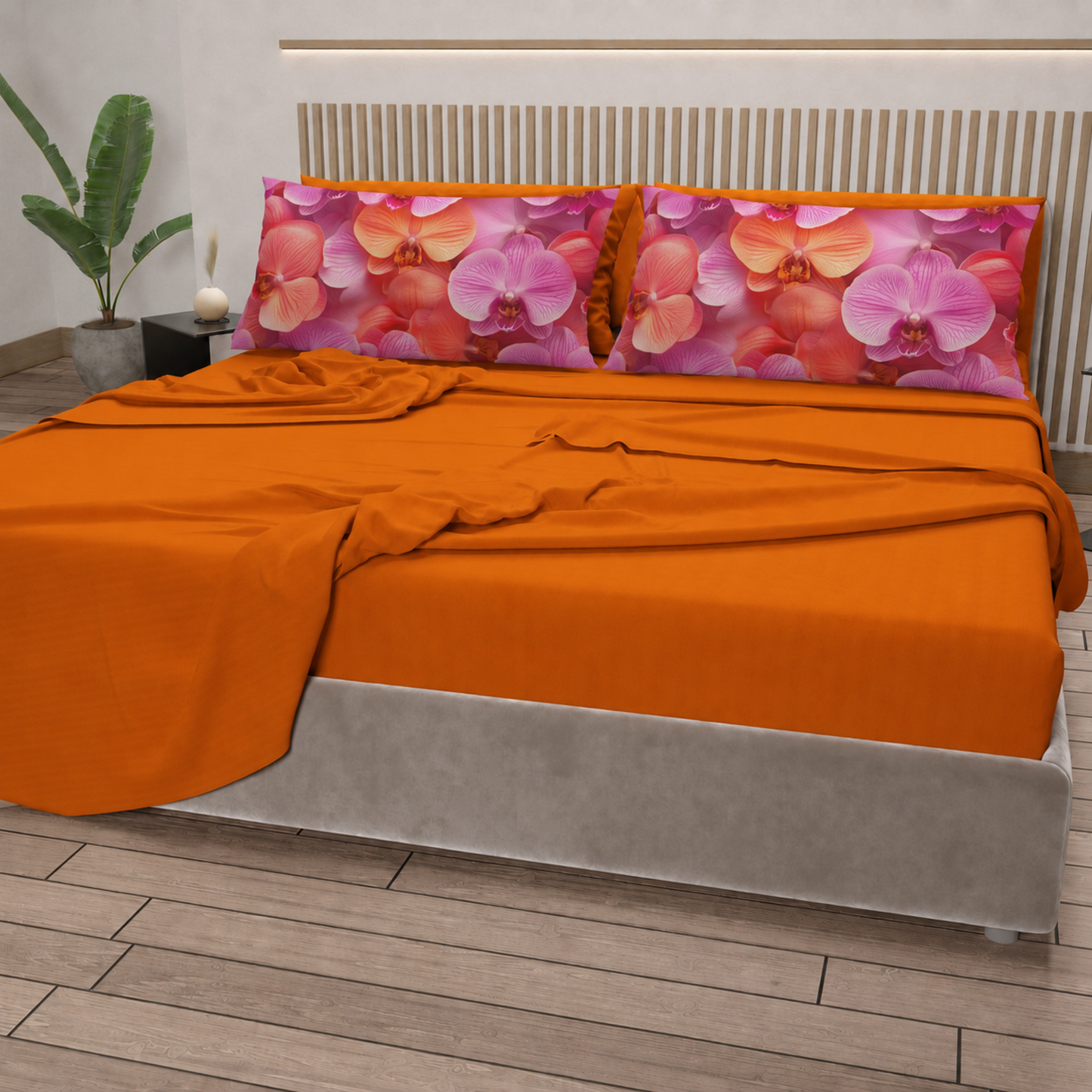 Lenzuola in Cotone, Completo Letto con Federe in Stampa Digitale Petalo 08 Arancione