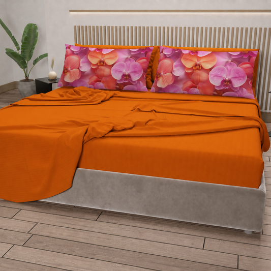 Lenzuola in Cotone, Completo Letto con Federe in Stampa Digitale Petalo 08 Arancione