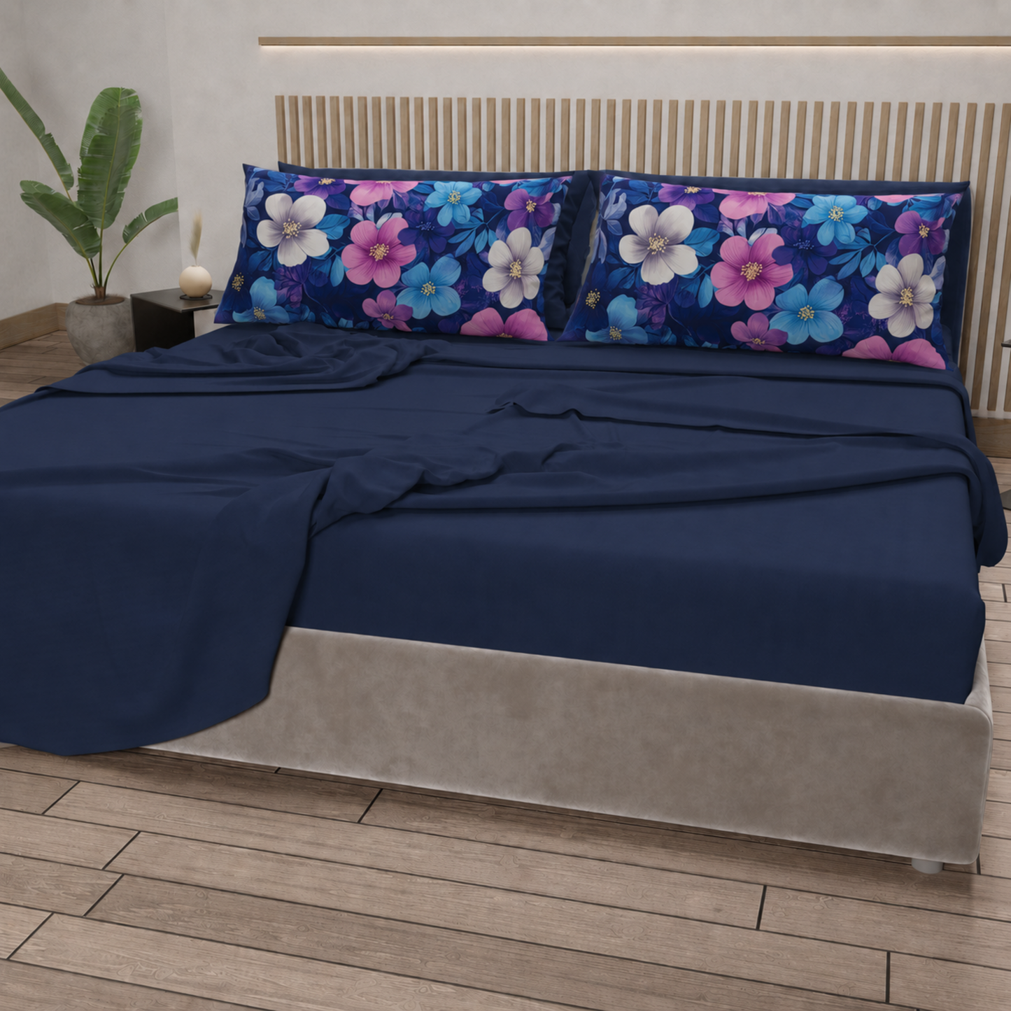 Lenzuola in Cotone, Completo Letto con Federe in Stampa Digitale Petalo 05 Blu Notte.
