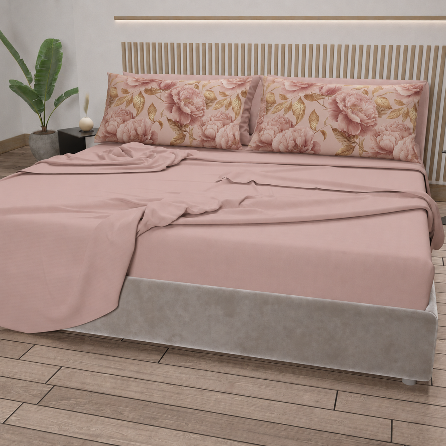 Lenzuola in Cotone, Completo Letto con Federe in Stampa Digitale Petalo 13 Cipria Chiaro.