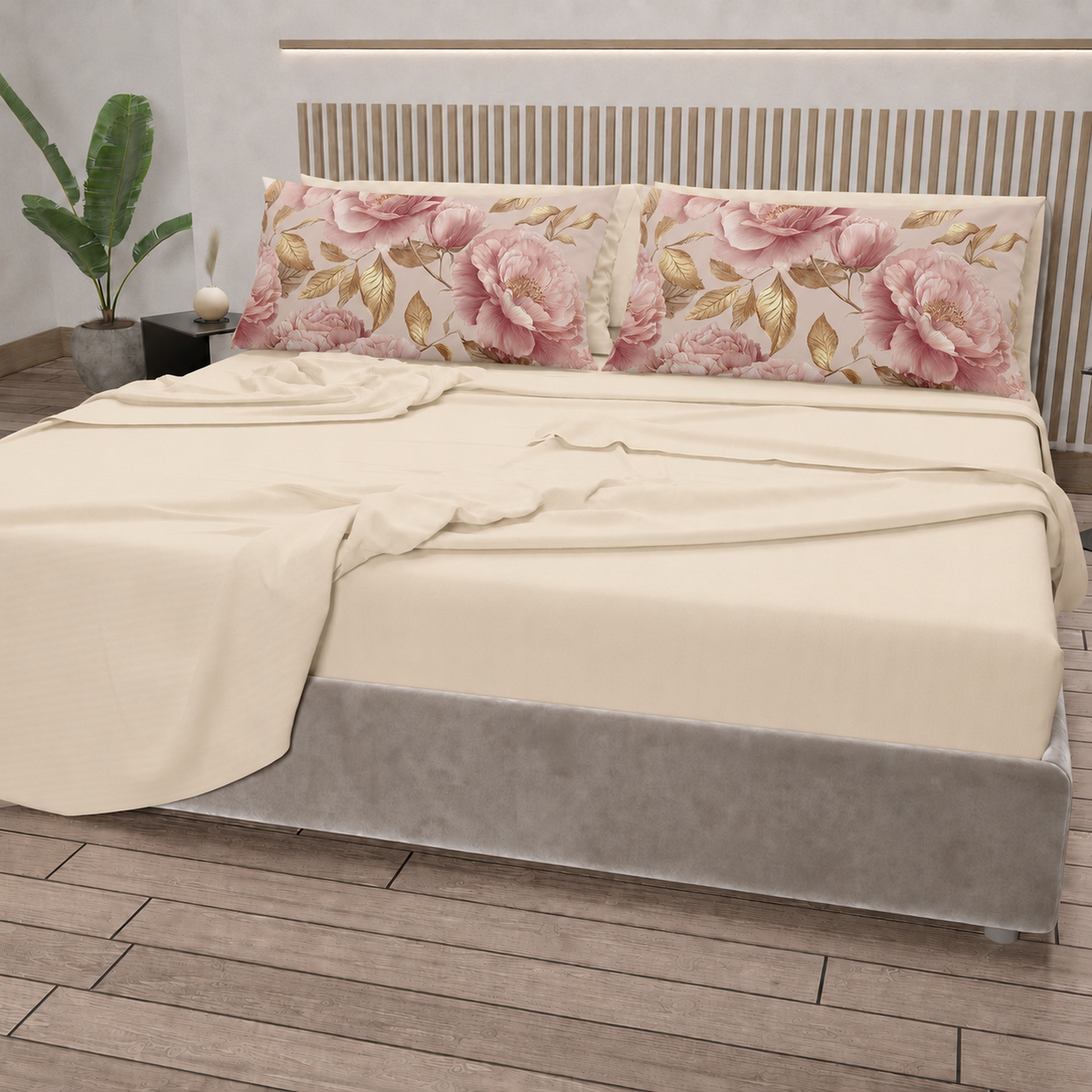 Lenzuola in Cotone, Completo Letto con Federe in Stampa Digitale Petalo 13 Panna.