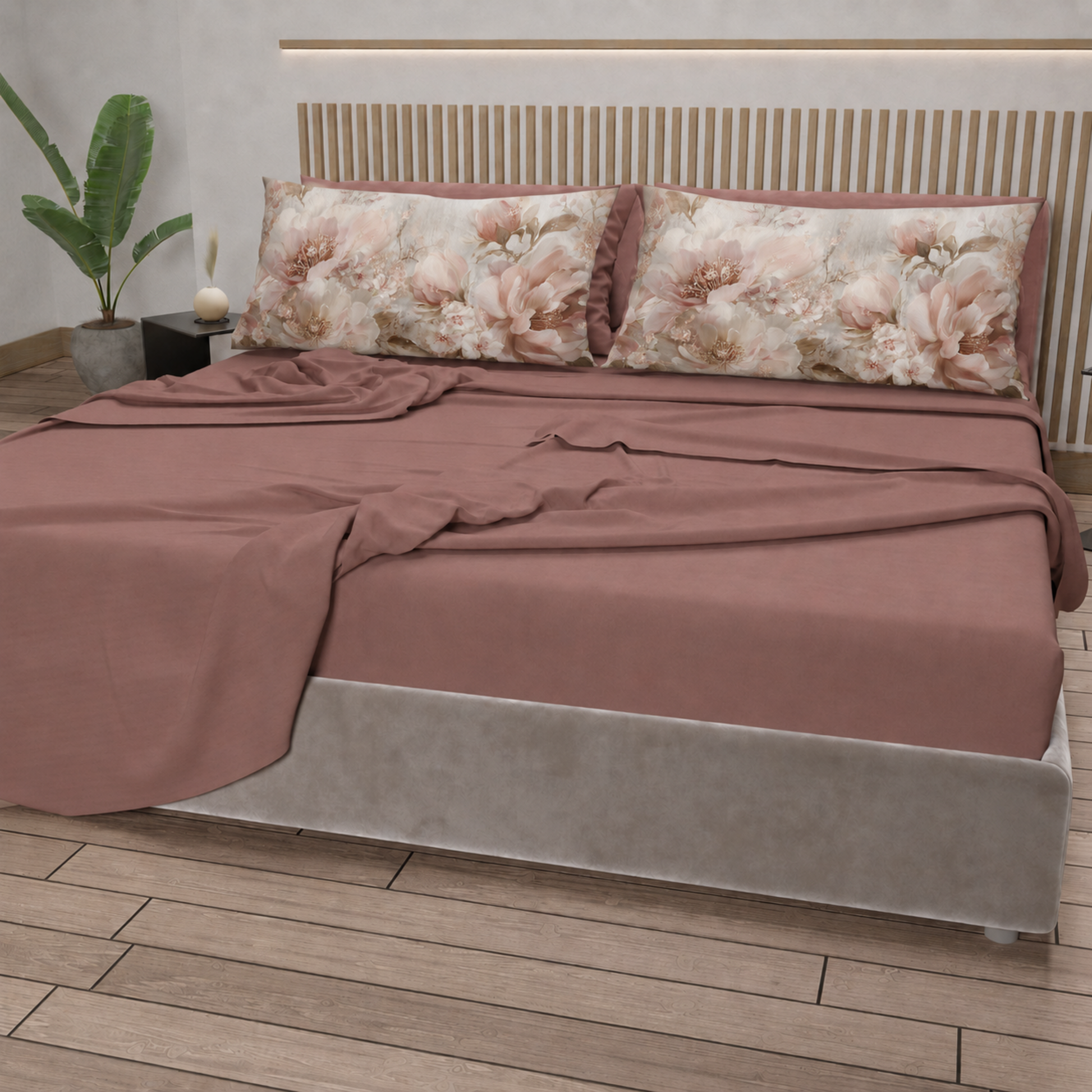 Lenzuola in Cotone, Completo Letto con Federe in Stampa Digitale Petalo 14 Cipria Scuro.