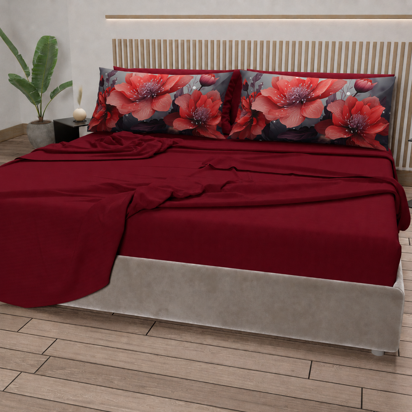 Lenzuola in Cotone, Completo Letto con Federe in Stampa Digitale Petalo 19 Bordeaux.