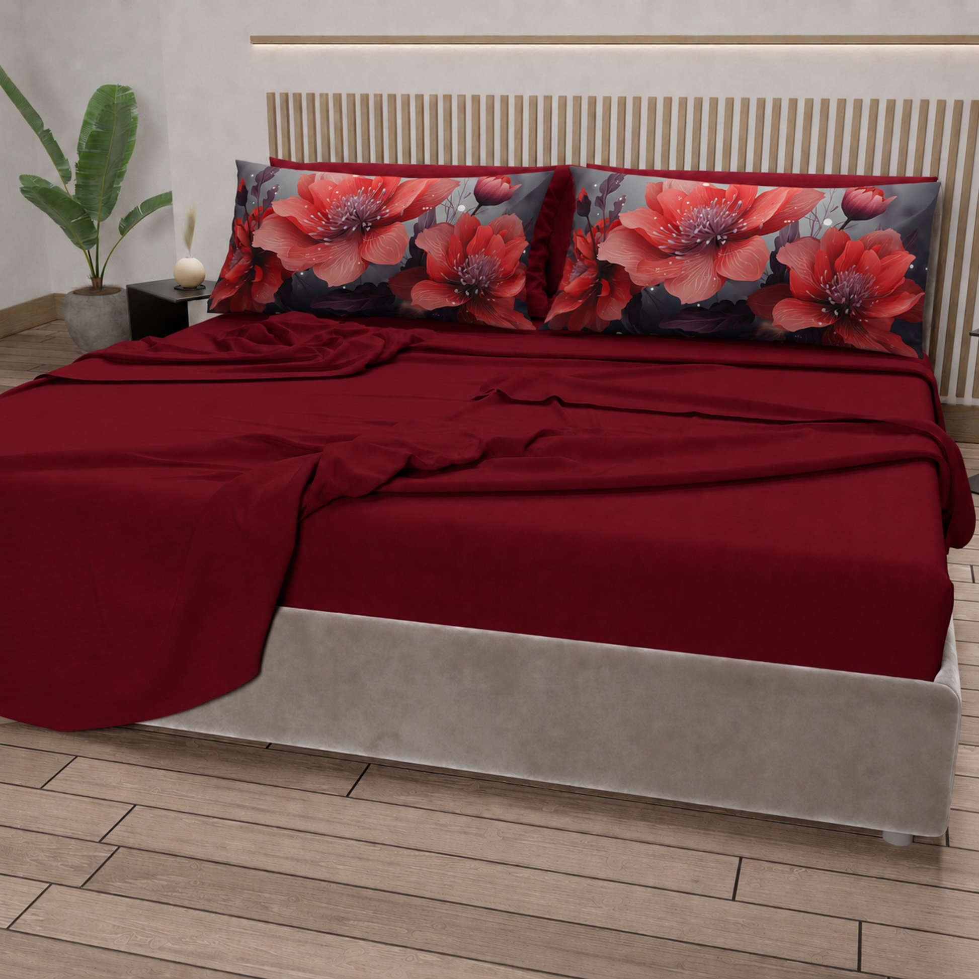 Lenzuola in Cotone, Completo Letto con Federe in Stampa Digitale Petalo 19 Bordeaux.