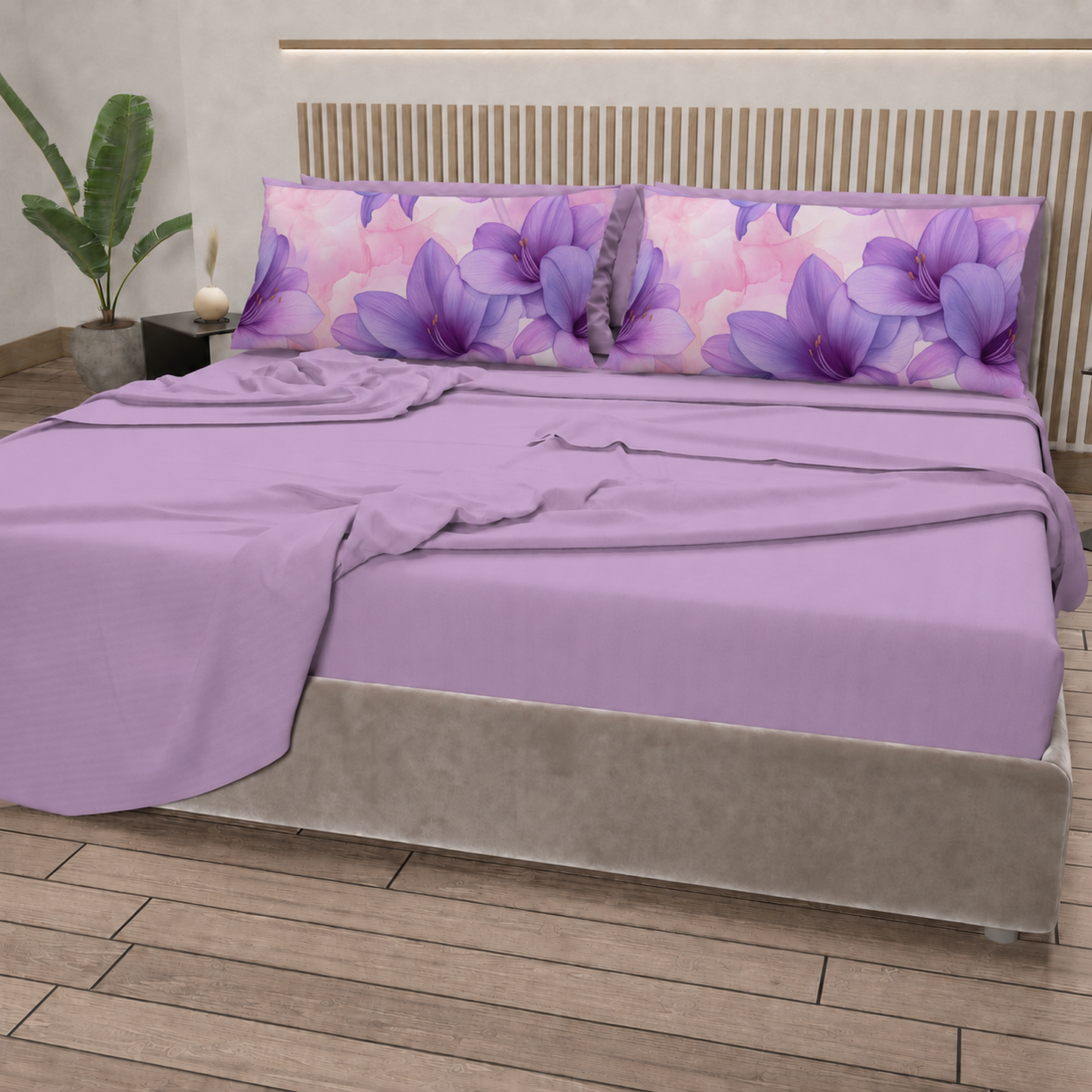 Lenzuola in Cotone, Completo Letto con Federe in Stampa Digitale Petalo 06 Lilla