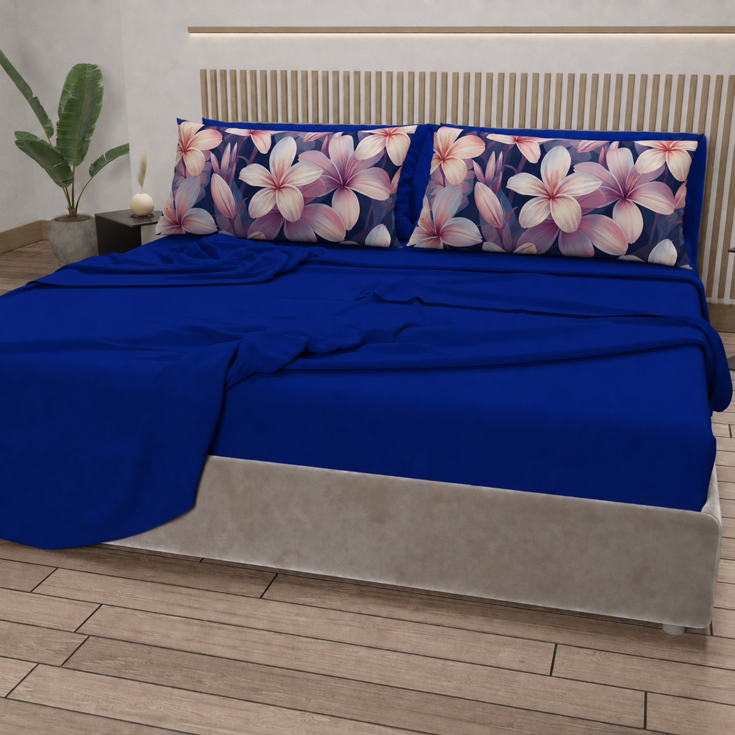 Lenzuola in Cotone, Completo Letto con Federe in Stampa Digitale Petalo 16 Blu Elettrico.