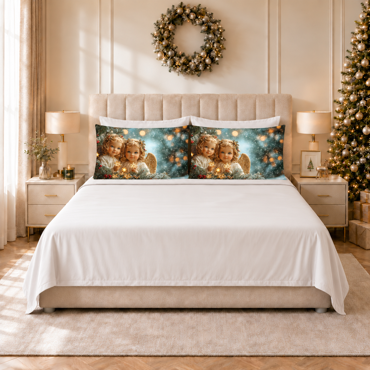 Lenzuola Natalizie in Cotone, Completo Letto con Federe in Stampa Digitale Angel 02 Bianco