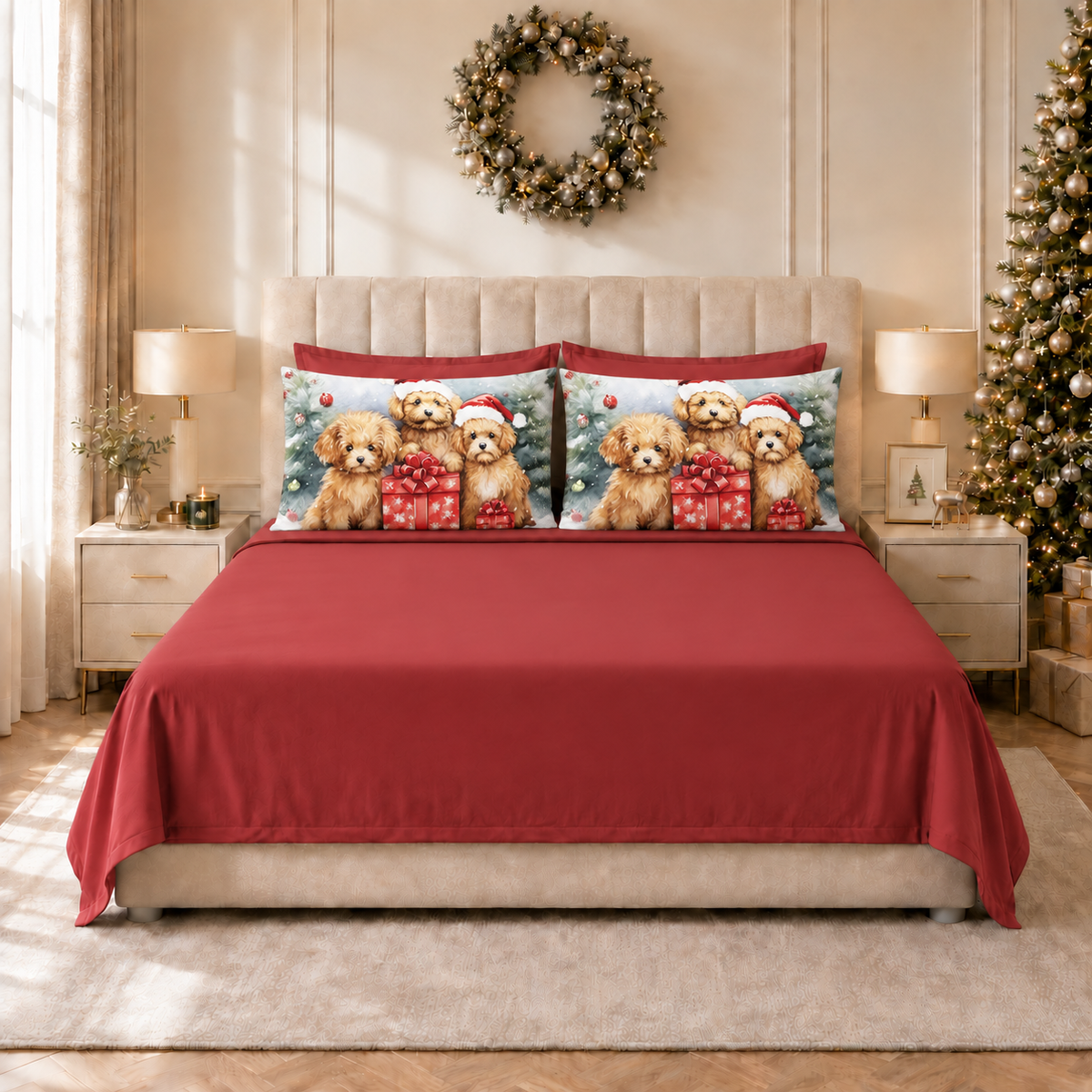 Lenzuola Natalizie in Cotone, Completo Letto con Federe in Stampa Digitale Dog