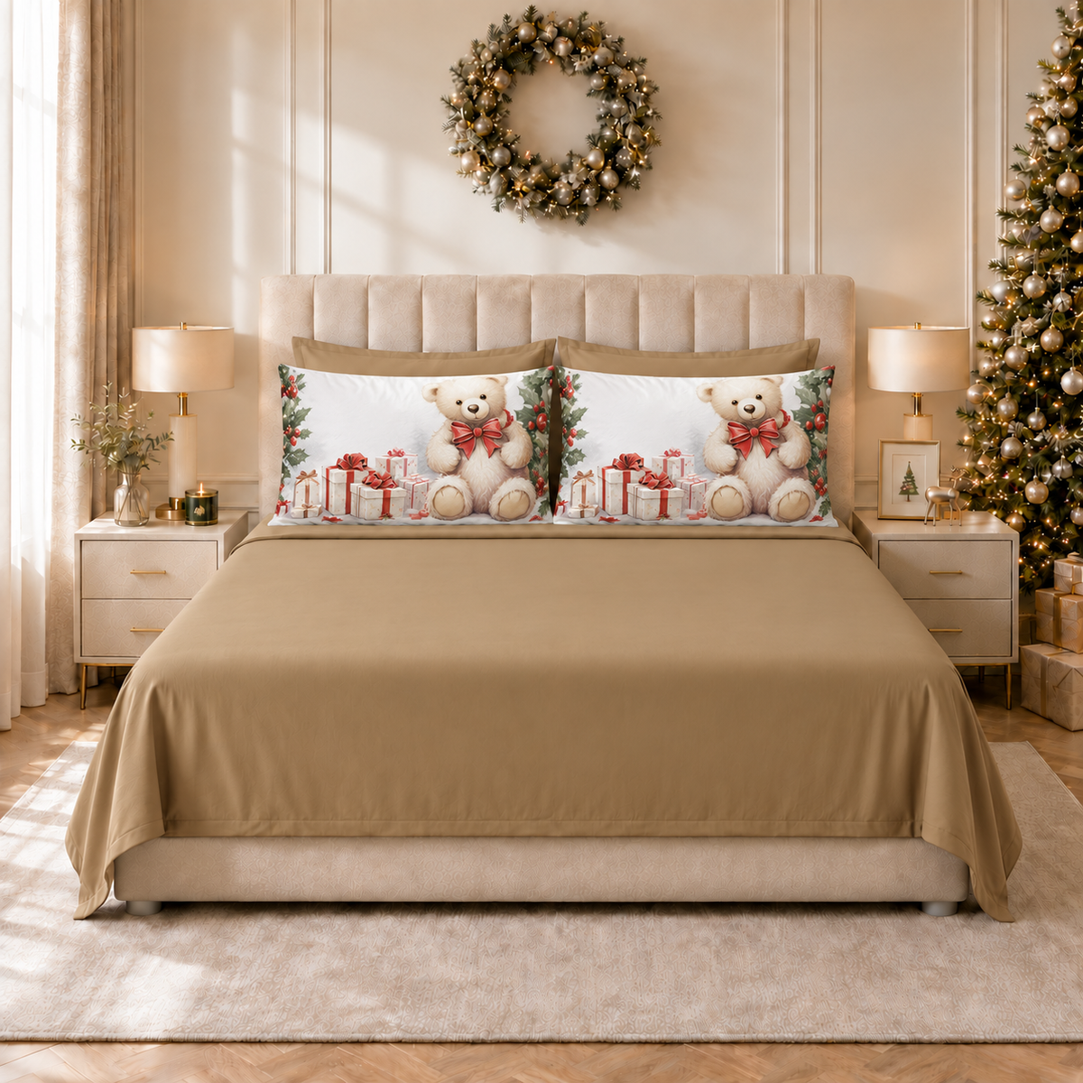 Lenzuola Natalizie in Cotone, Completo Letto con Federe in Stampa Digitale Orsetto 01