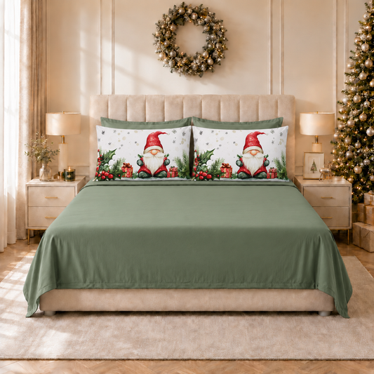 Lenzuola Natalizie in Cotone, Completo Letto con Federe in Stampa Digitale Gnomo 01