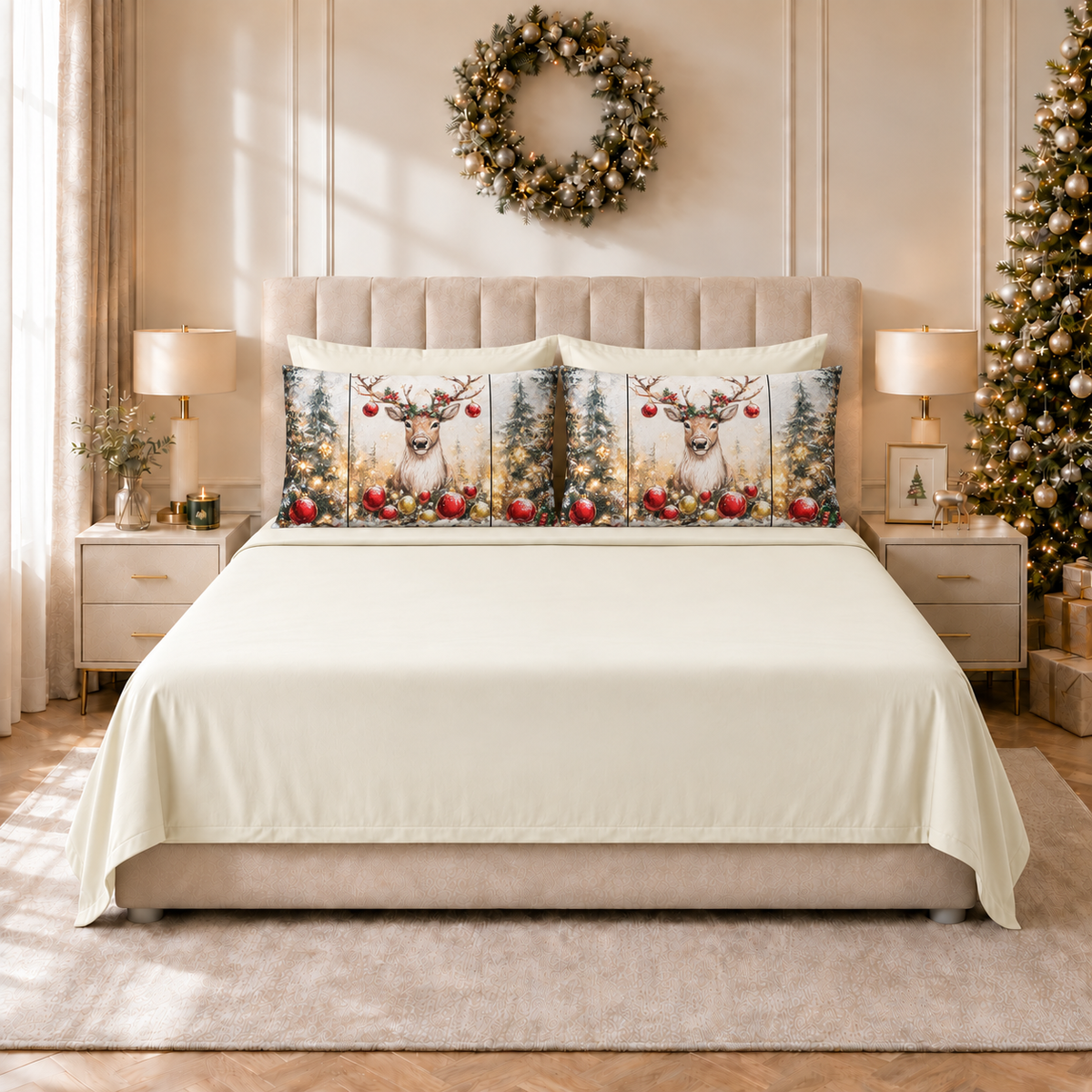 Lenzuola Natalizie in Cotone, Completo Letto con Federe in Stampa Digitale Renna