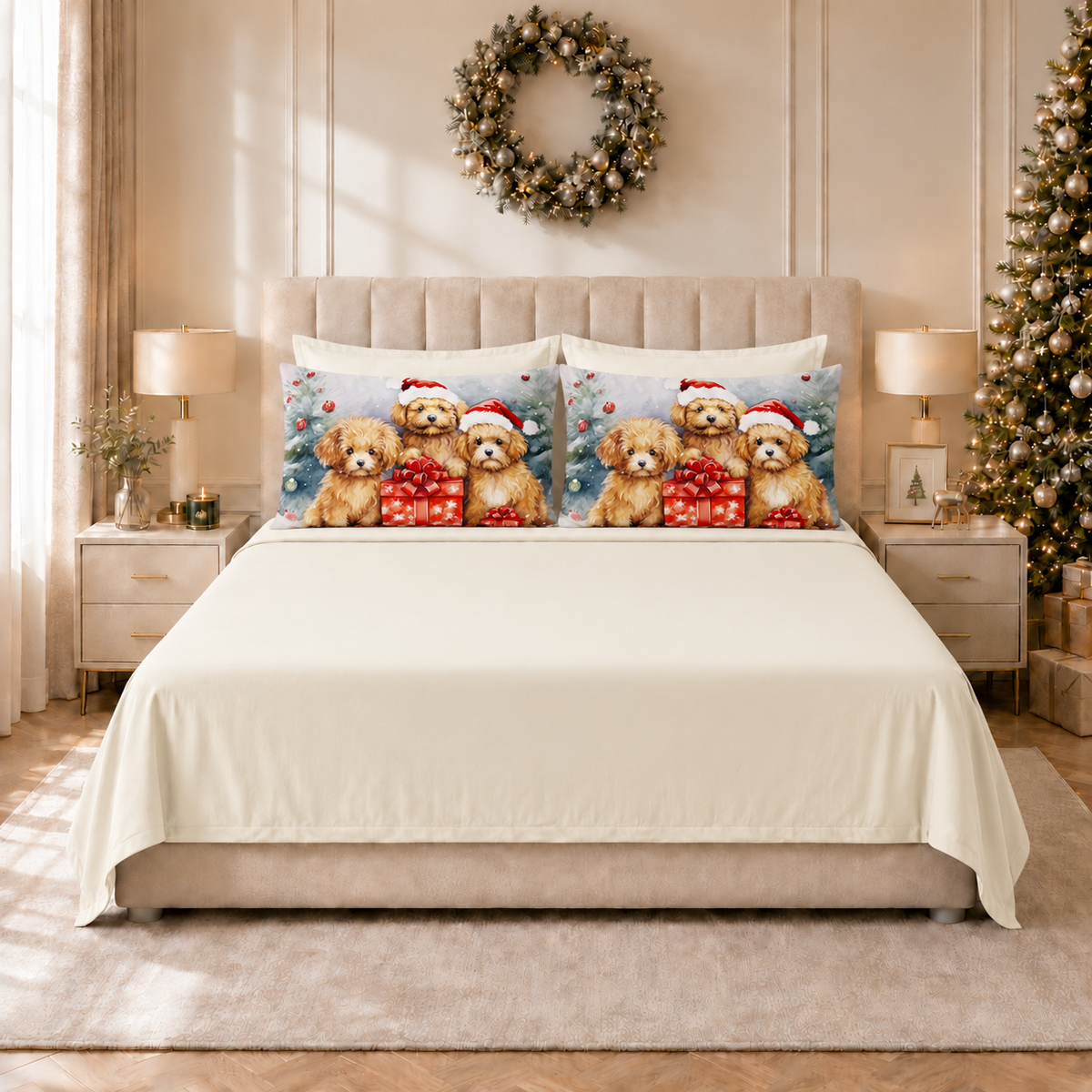 Lenzuola Natalizie in Cotone, Completo Letto con Federe in Stampa Digitale Dog