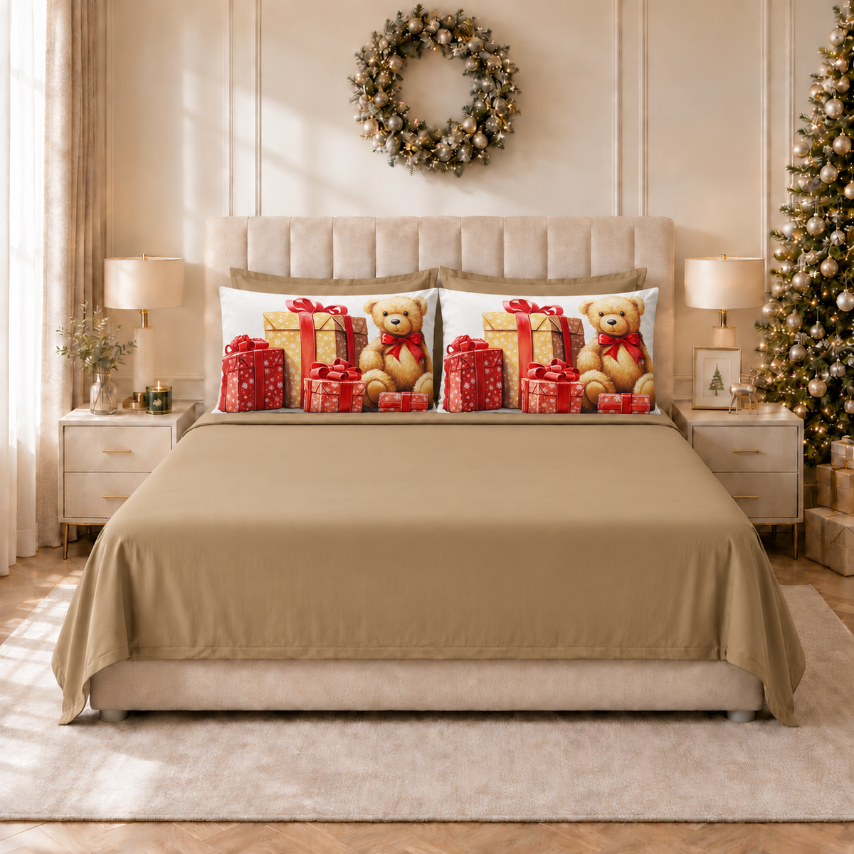 Draps de Noël en coton, parure de lit avec taies d'oreiller en impression numérique Ours 02
