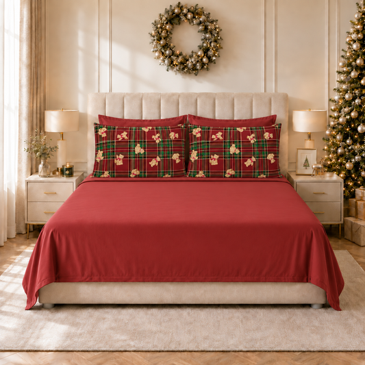 Lenzuola Natalizie in Cotone, Completo Letto con Federe in Stampa Digitale Orsetto Tartan