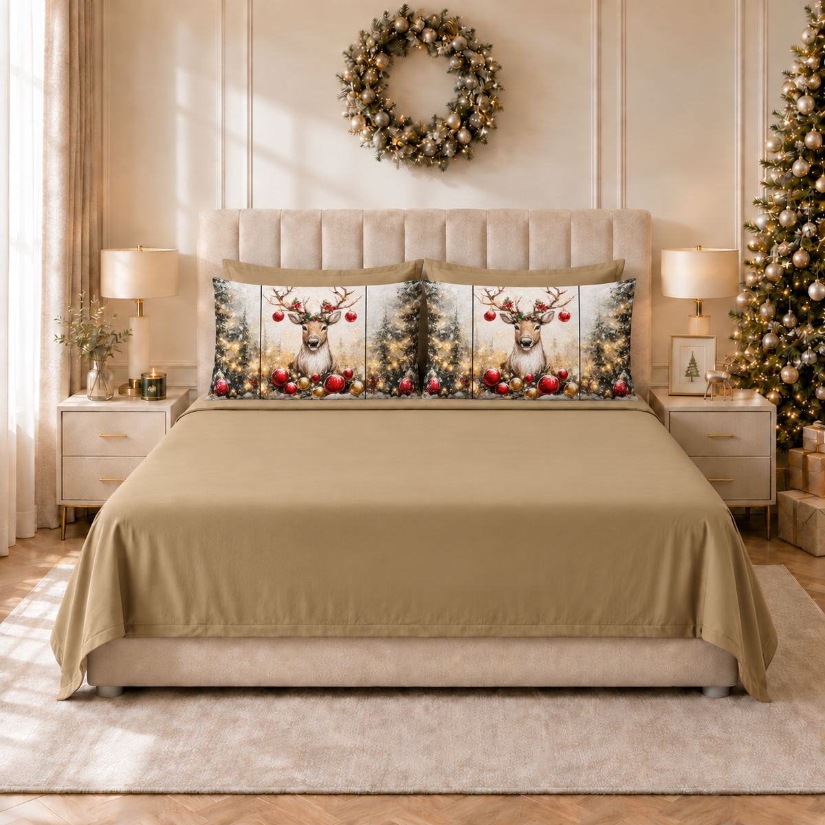 Draps de Noël en Coton, Parure de Lit avec Taies d'Oreiller en Impression Numérique Renne