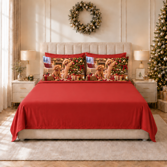 Lenzuola Natalizie in Cotone, Completo Letto con Federe in Stampa Digitale Xmas Dog Rosso
