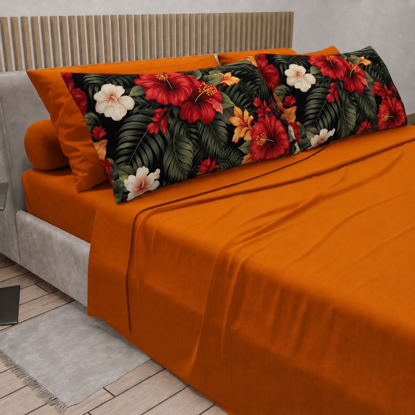 Lenzuola in Cotone, Completo Letto con Federe in Stampa Digitale Petalo 01 Arancione