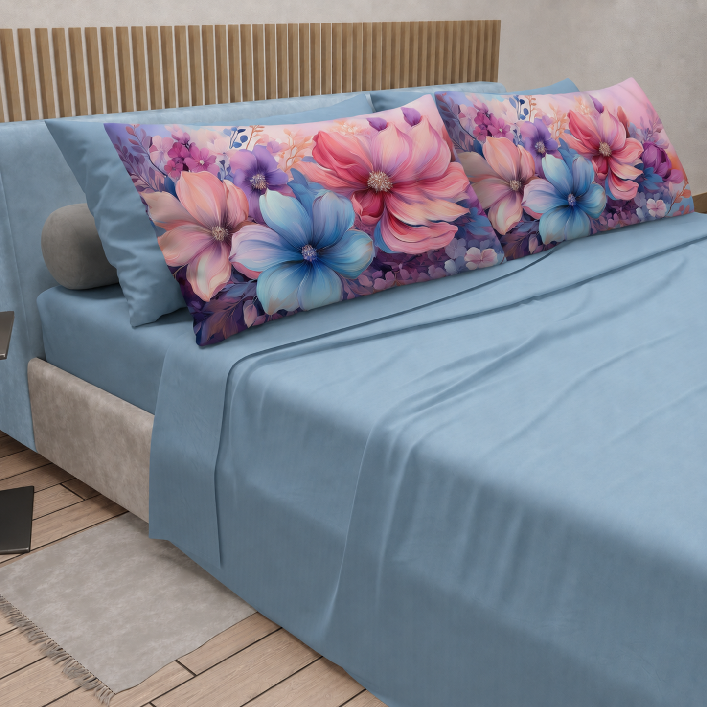 Lenzuola in Cotone, Completo Letto con Federe in Stampa Digitale Petalo 11 Celeste.