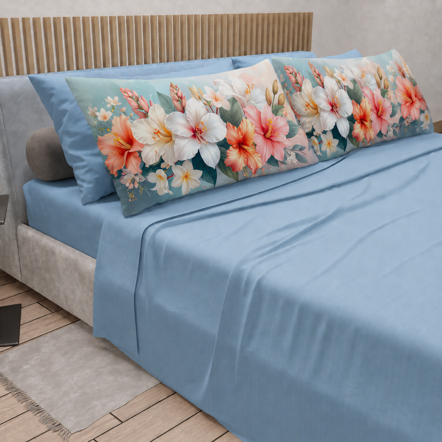 Lenzuola in Cotone, Completo Letto con Federe in Stampa Digitale Petalo 17 Celeste.