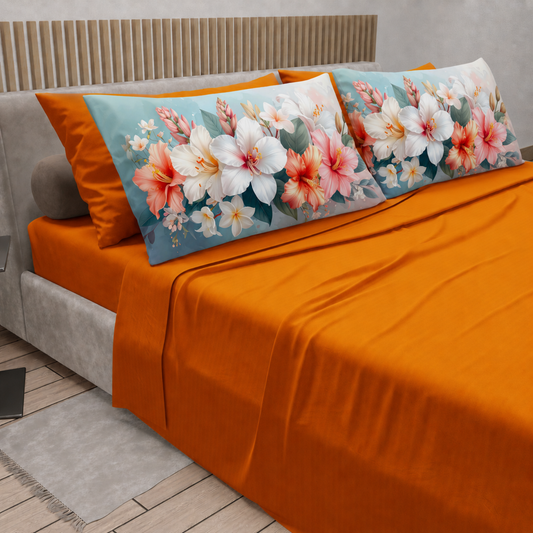 Lenzuola in Cotone, Completo Letto con Federe in Stampa Digitale Petalo 17 Arancione