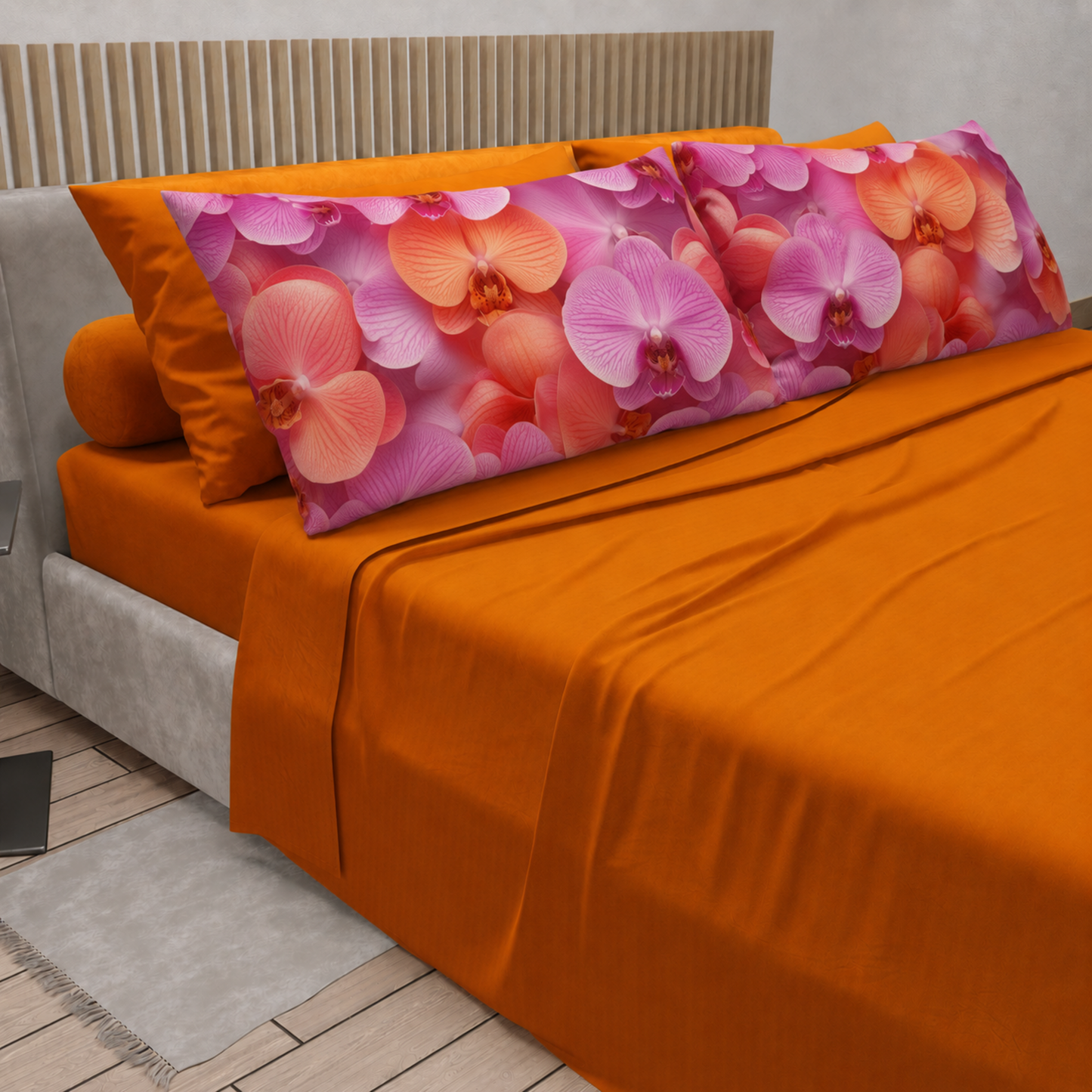 Lenzuola in Cotone, Completo Letto con Federe in Stampa Digitale Petalo 08 Arancione
