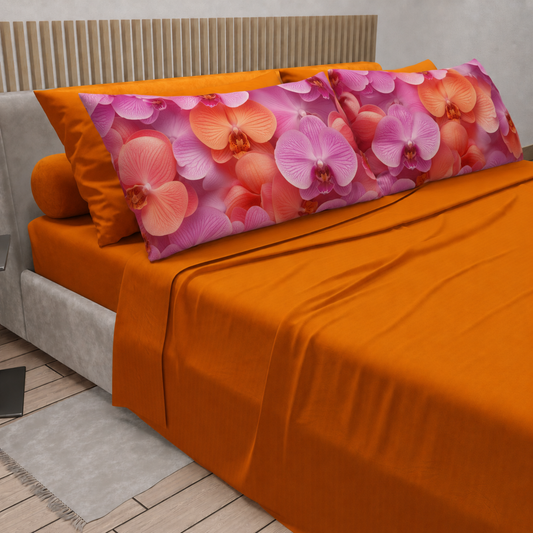 Lenzuola in Cotone, Completo Letto con Federe in Stampa Digitale Petalo 08 Arancione