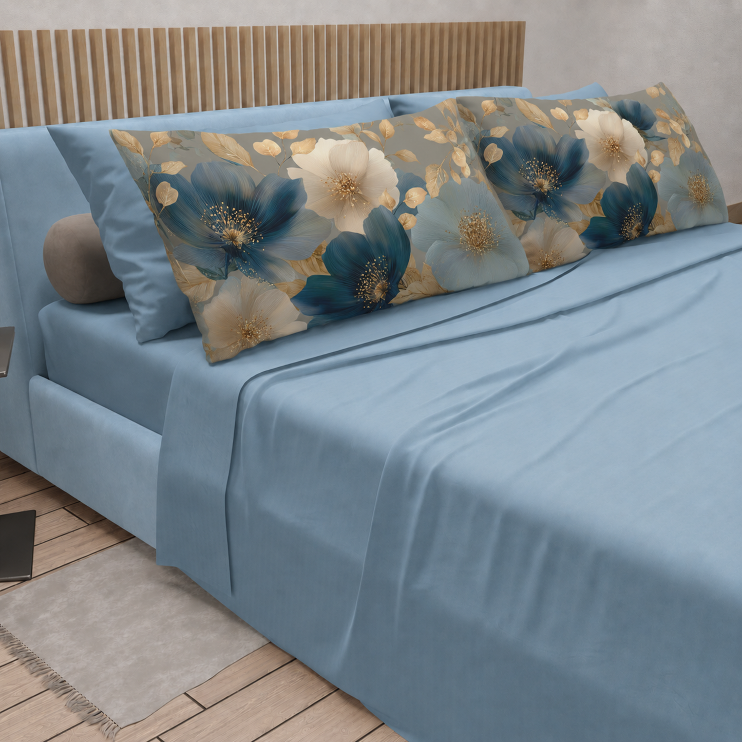 Lenzuola in Cotone, Completo Letto con Federe in Stampa Digitale Petalo 12 Celeste.